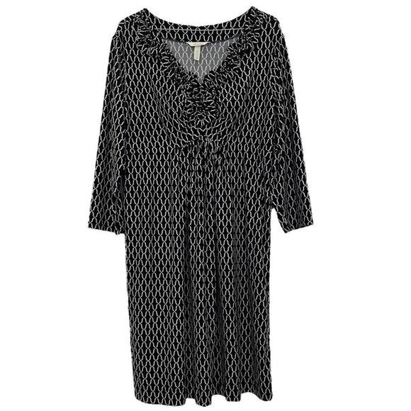 Soma Ruffle Dress Long Sleeve Knee Length Black White Stretch Waist V Neck Large - Picture 1 of 8